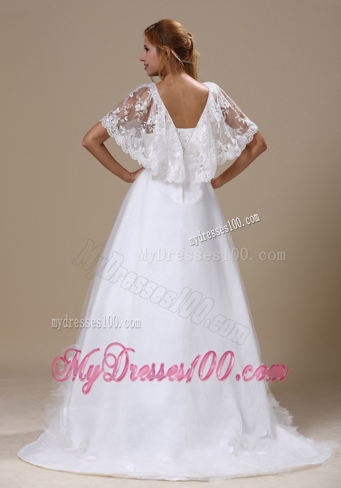 V-neck Brush Train Wedding Dresses with Butterfly Short Sleeves