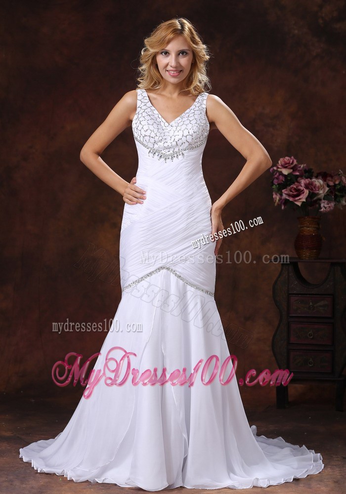 Beading and Ruching Straps Mermaid Dresses for Brides with Brush Train