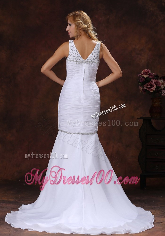 Beading and Ruching Straps Mermaid Dresses for Brides with Brush Train