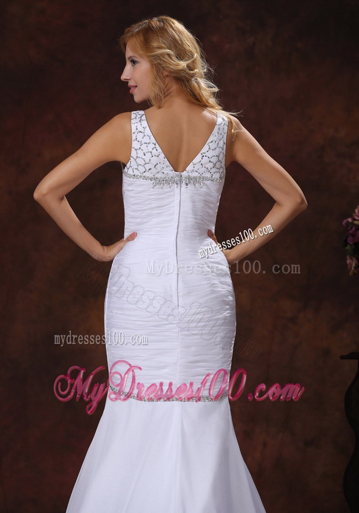 Beading and Ruching Straps Mermaid Dresses for Brides with Brush Train