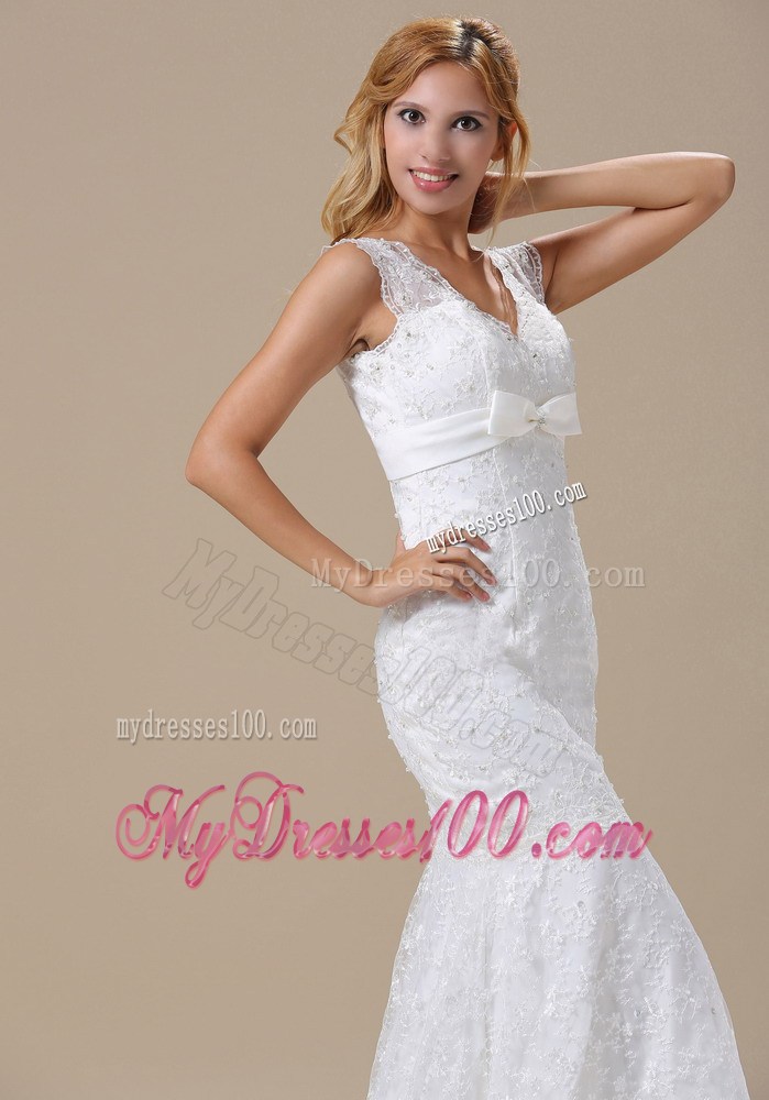 Fairy Mermaid V-neck Brush Train Lace Wedding Gown with Bowknot