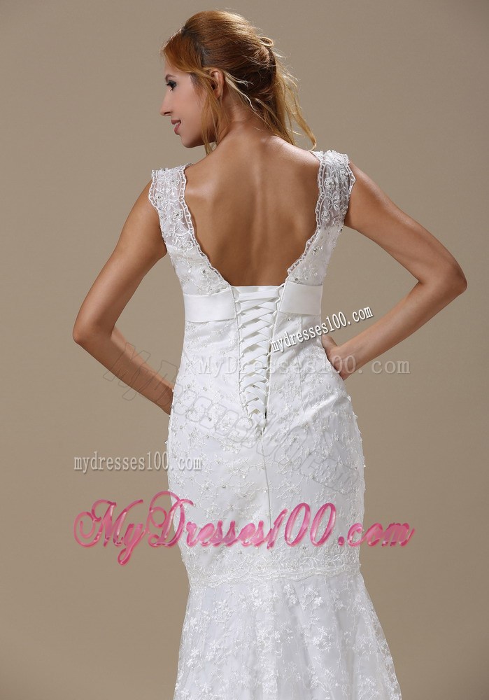 Fairy Mermaid V-neck Brush Train Lace Wedding Gown with Bowknot
