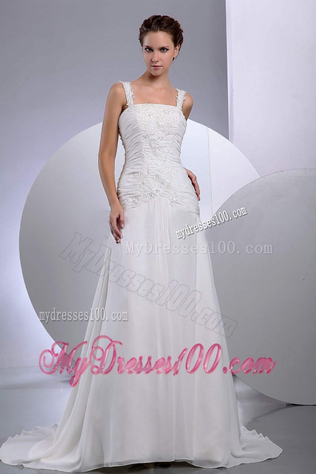 Beaded Appliques Ruched Straps Wedding Dress with Sweep Train