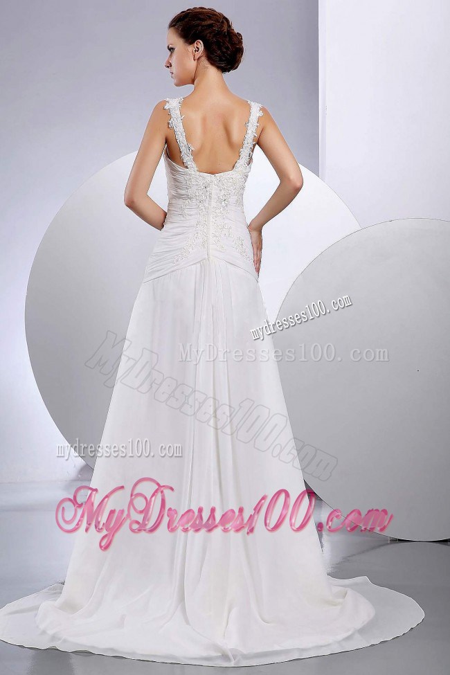 Beaded Appliques Ruched Straps Wedding Dress with Sweep Train