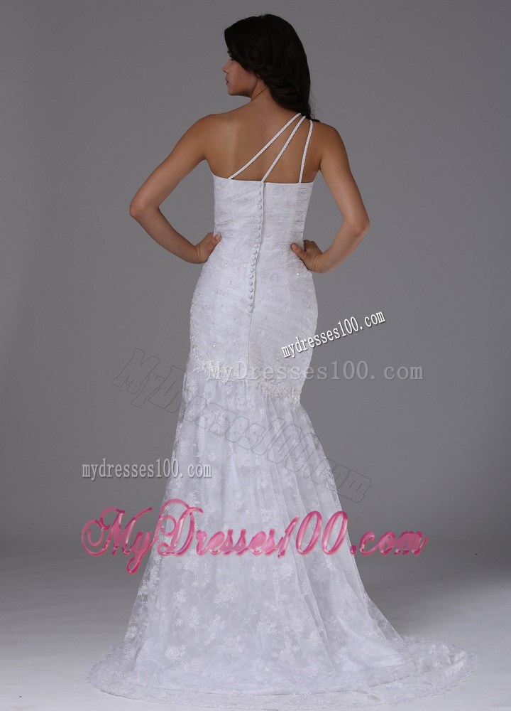 Lace Mermaid Brush Train Sleeveless Wedding Dresses with One Shoulder