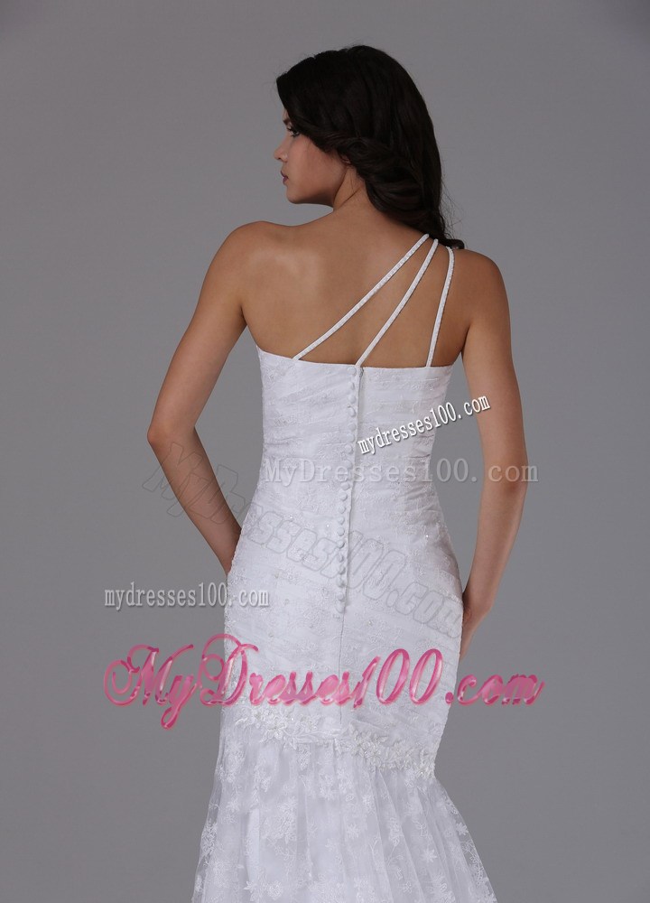 Lace Mermaid Brush Train Sleeveless Wedding Dresses with One Shoulder