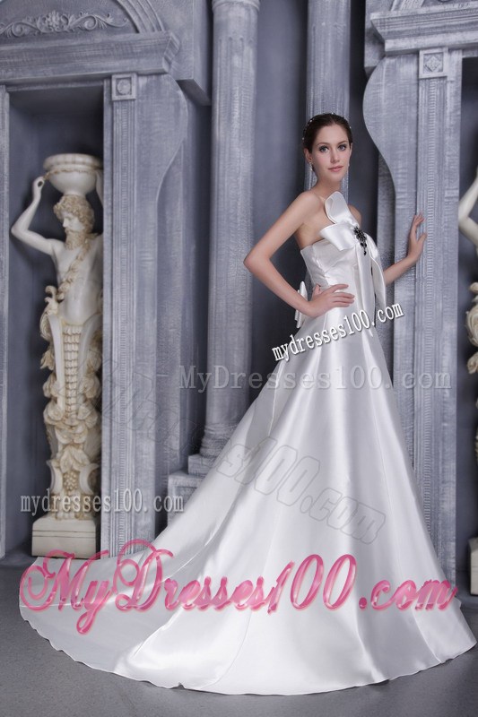 Strapless Ruffles Beaded and Bowknot White Wedding Gown Chapel Train