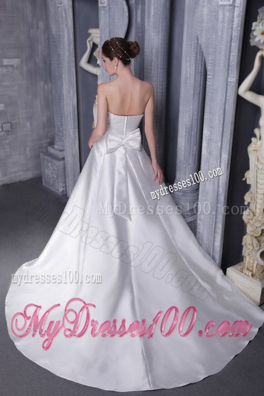 Strapless Ruffles Beaded and Bowknot White Wedding Gown Chapel Train