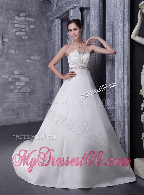 Strapless Beaded Handmade Flower Chapel Train White Wedding Gown