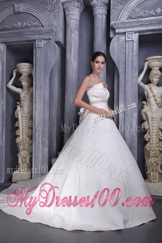 Strapless Beaded Handmade Flower Chapel Train White Wedding Gown