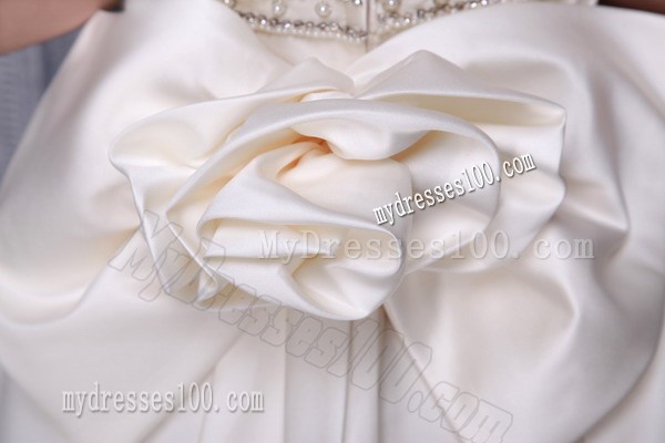 Strapless Beaded Handmade Flower Chapel Train White Wedding Gown