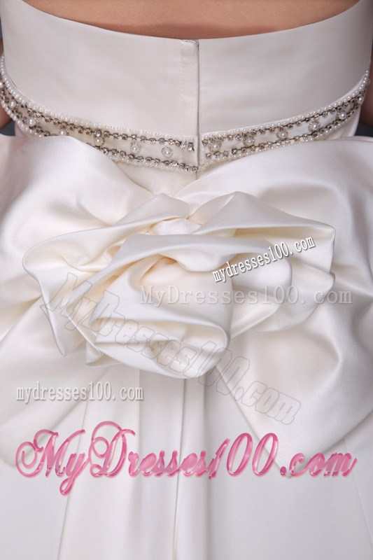 Strapless Beaded Handmade Flower Chapel Train White Wedding Gown