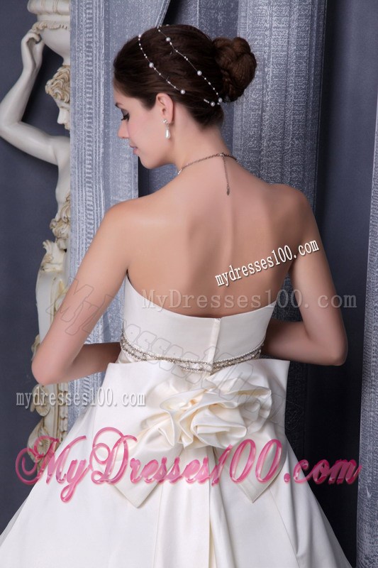 Strapless Beaded Handmade Flower Chapel Train White Wedding Gown