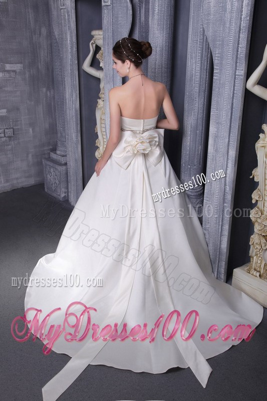 Strapless Beaded Handmade Flower Chapel Train White Wedding Gown