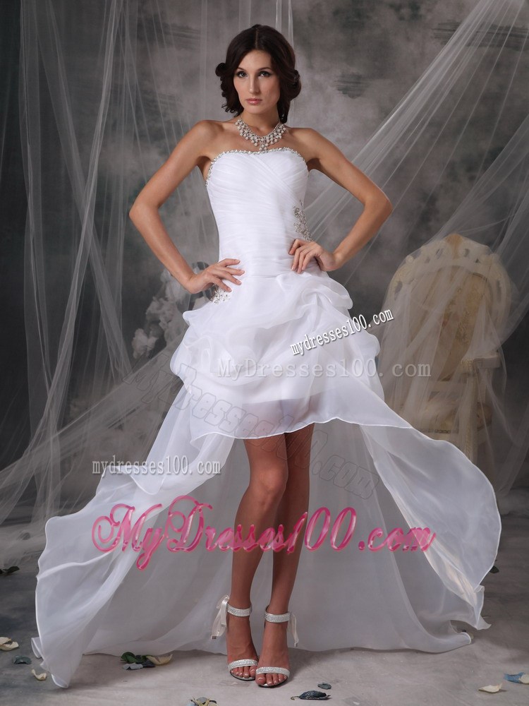 High Low Pick-ups Ruche and Appliques Decorated Sweep Train Bridal Gowns