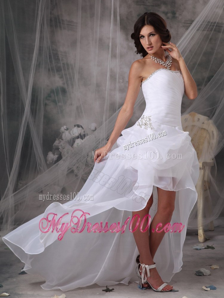 High Low Pick-ups Ruche and Appliques Decorated Sweep Train Bridal Gowns