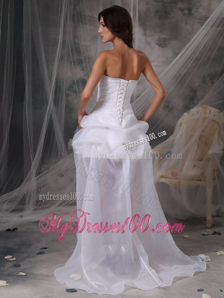 High Low Pick-ups Ruche and Appliques Decorated Sweep Train Bridal Gowns