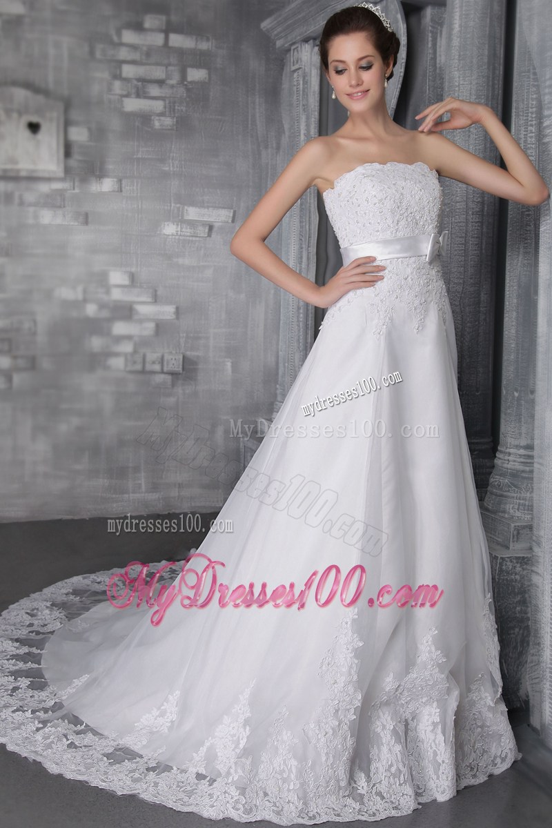 Lace Hem Bowknot Strapless White Wedding Gown Lace-up Back