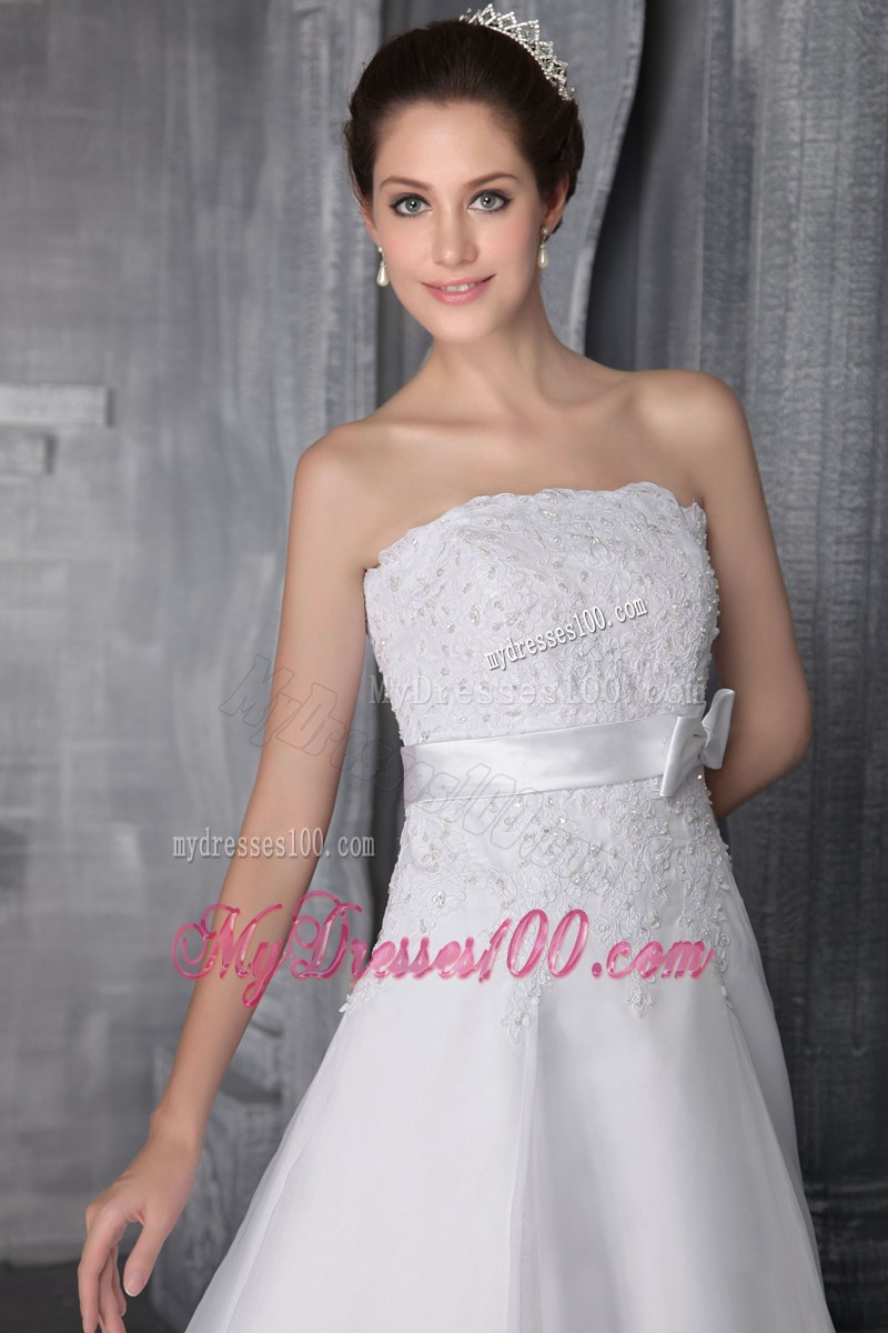 Lace Hem Bowknot Strapless White Wedding Gown Lace-up Back