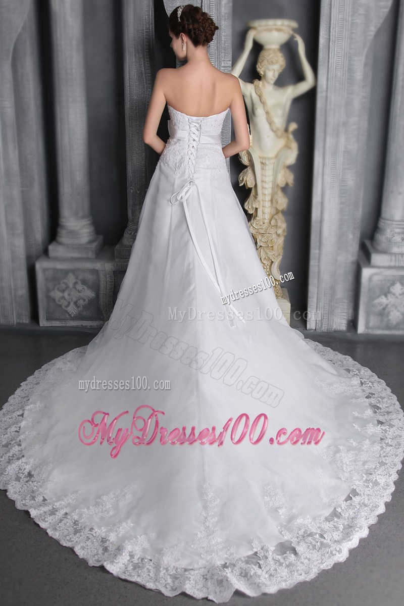 Lace Hem Bowknot Strapless White Wedding Gown Lace-up Back