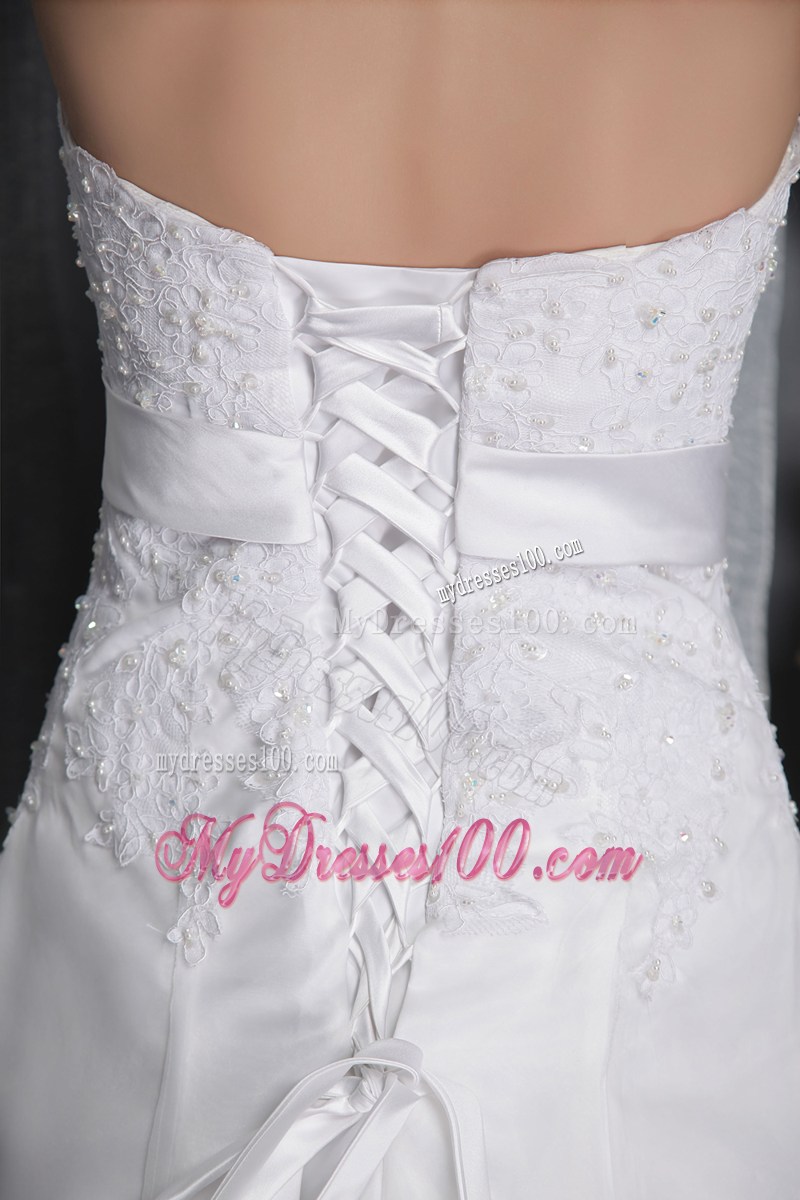 Lace Hem Bowknot Strapless White Wedding Gown Lace-up Back