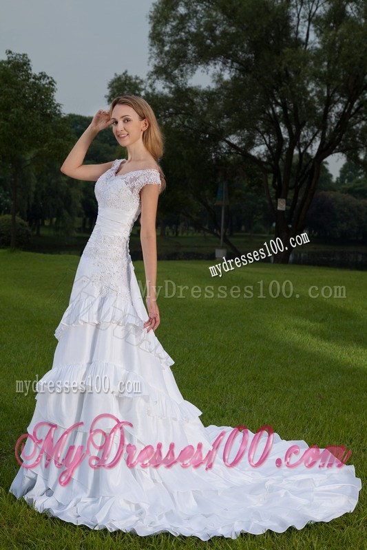 Unique Off-the-shoulder Ruffles Lace Decoration White Wedding Dress