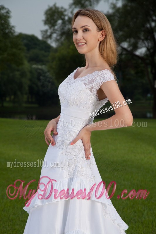 Unique Off-the-shoulder Ruffles Lace Decoration White Wedding Dress