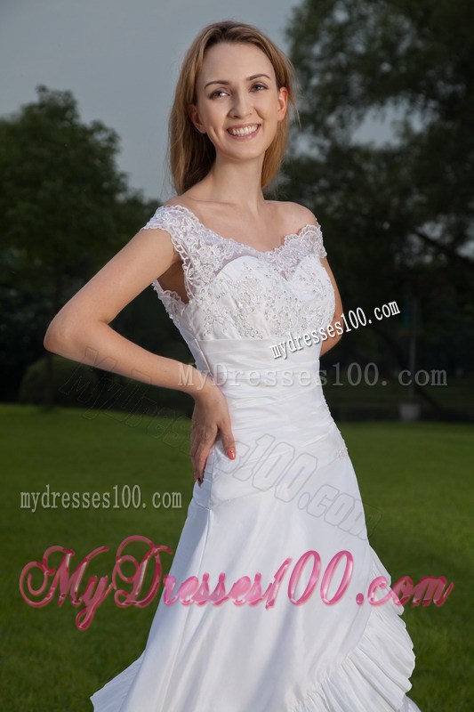 Unique Off-the-shoulder Ruffles Lace Decoration White Wedding Dress