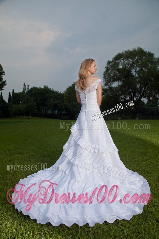Unique Off-the-shoulder Ruffles Lace Decoration White Wedding Dress
