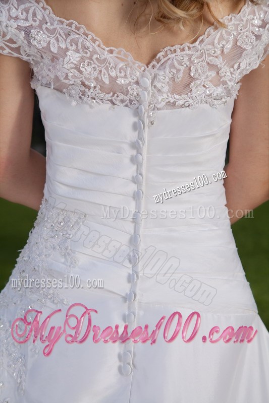 Unique Off-the-shoulder Ruffles Lace Decoration White Wedding Dress