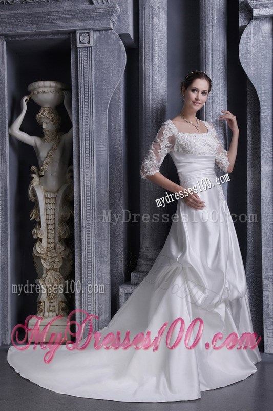 Half-sleeve Chapel Train Pick-ups White Wedding Gown with Appliques