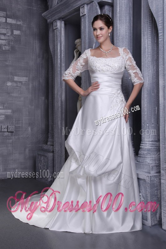 Half-sleeve Chapel Train Pick-ups White Wedding Gown with Appliques
