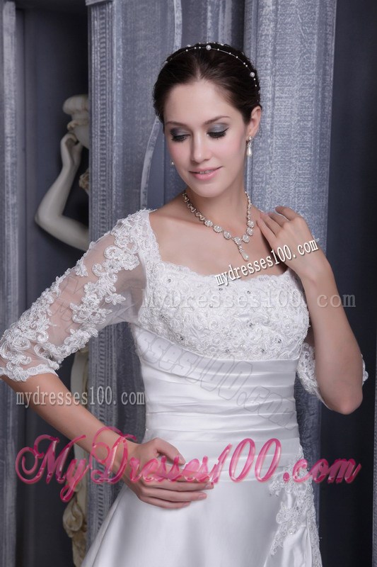 Half-sleeve Chapel Train Pick-ups White Wedding Gown with Appliques