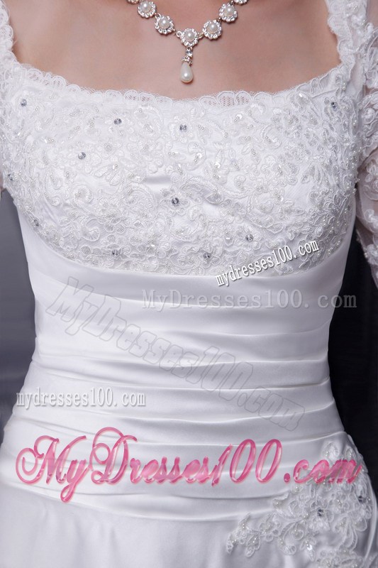 Half-sleeve Chapel Train Pick-ups White Wedding Gown with Appliques