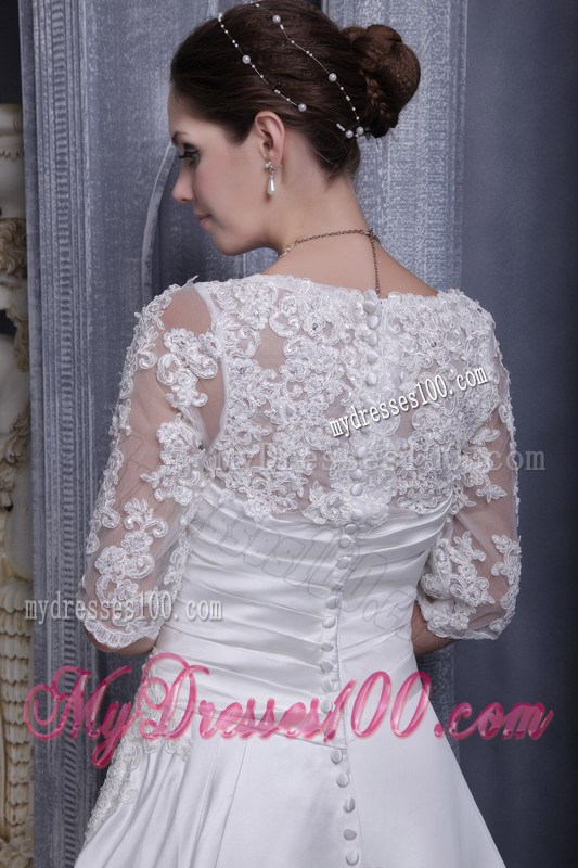 Half-sleeve Chapel Train Pick-ups White Wedding Gown with Appliques