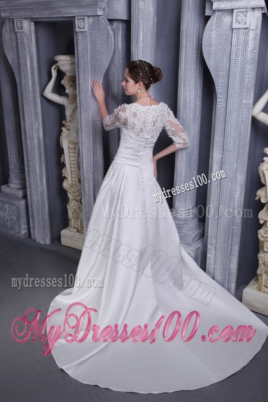 Half-sleeve Chapel Train Pick-ups White Wedding Gown with Appliques