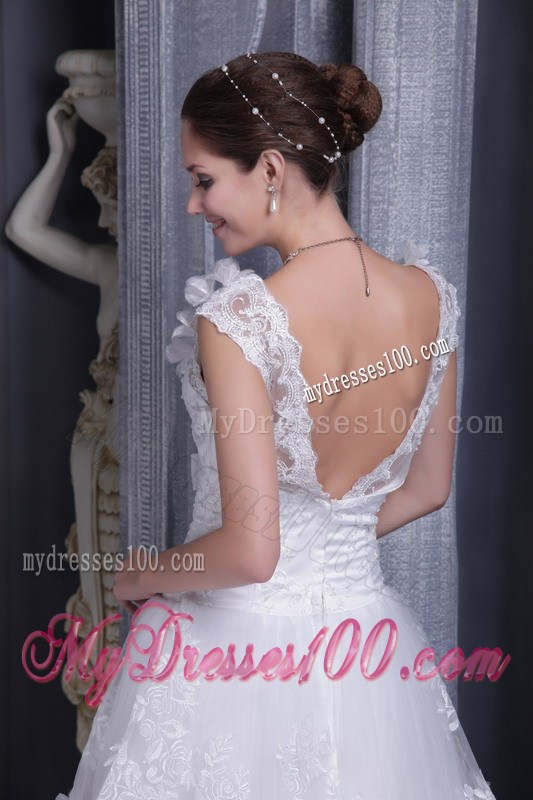 Straps Bowknot Lace Decorate White Wedding Gown with Back Out