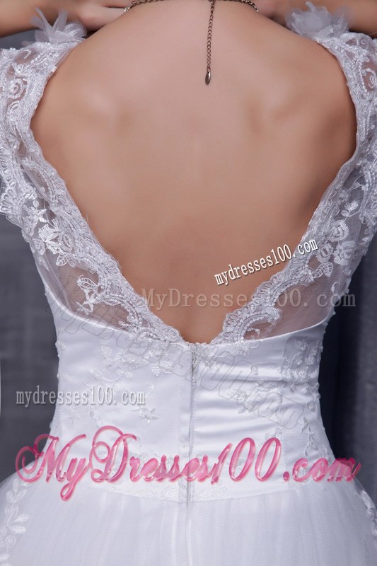 Straps Bowknot Lace Decorate White Wedding Gown with Back Out