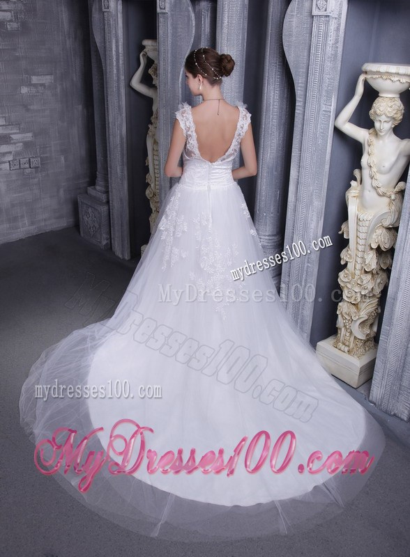 Straps Bowknot Lace Decorate White Wedding Gown with Back Out