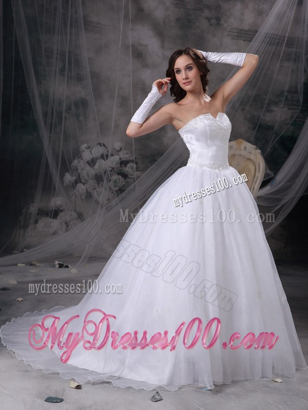 Appliques Split Neckline Brush Train Wedding Gowns with Puffy Skirt For Lady