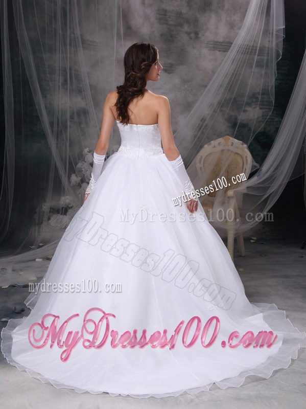 Appliques Split Neckline Brush Train Wedding Gowns with Puffy Skirt For Lady