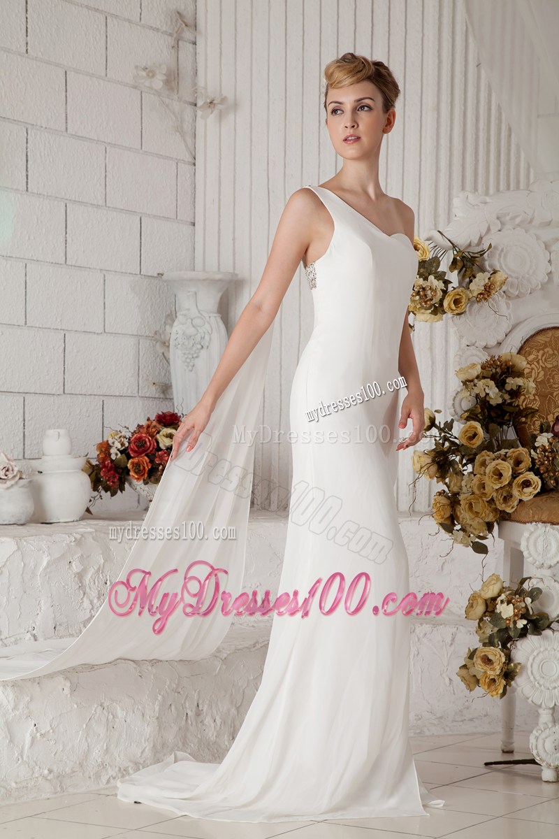 Beaded Single Shoulder Bridal Dresses with Slit and Watteau Train