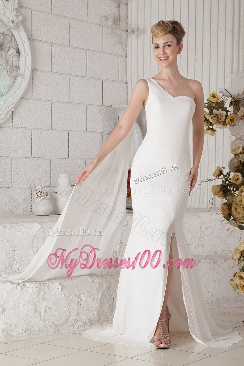 Beaded Single Shoulder Bridal Dresses with Slit and Watteau Train