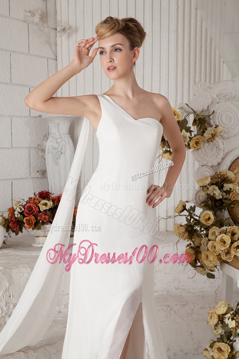 Beaded Single Shoulder Bridal Dresses with Slit and Watteau Train