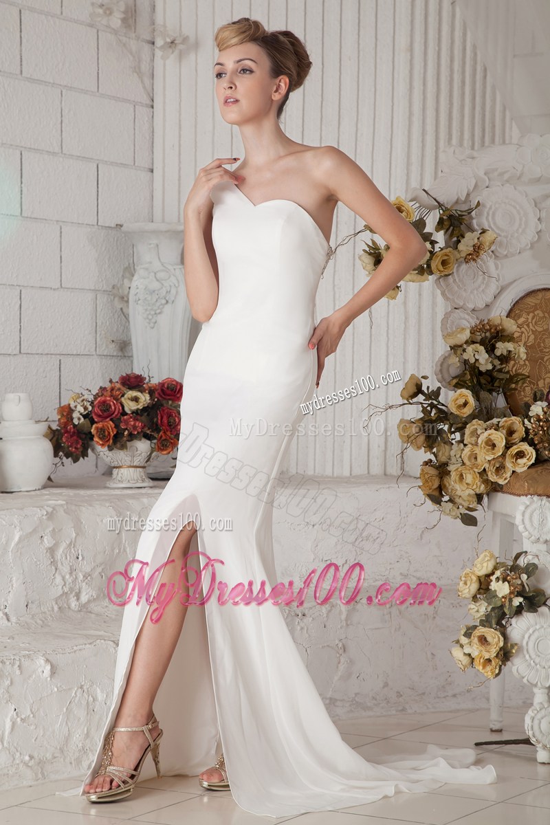Beaded Single Shoulder Bridal Dresses with Slit and Watteau Train