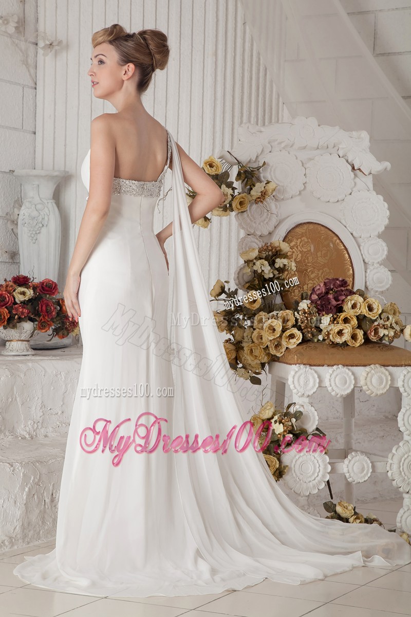 Beaded Single Shoulder Bridal Dresses with Slit and Watteau Train