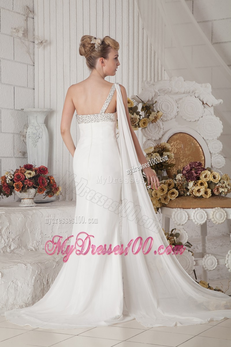 Beaded Single Shoulder Bridal Dresses with Slit and Watteau Train