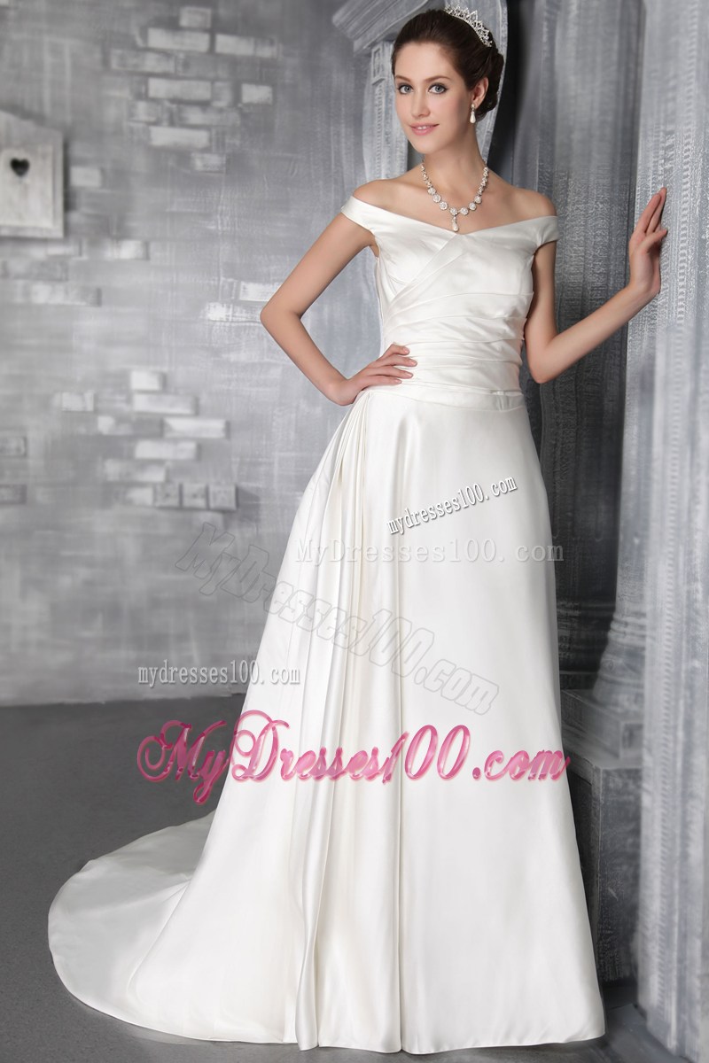 Off-the-shoulder Ruche White Wedding Gown with Handmade Flowers on Back