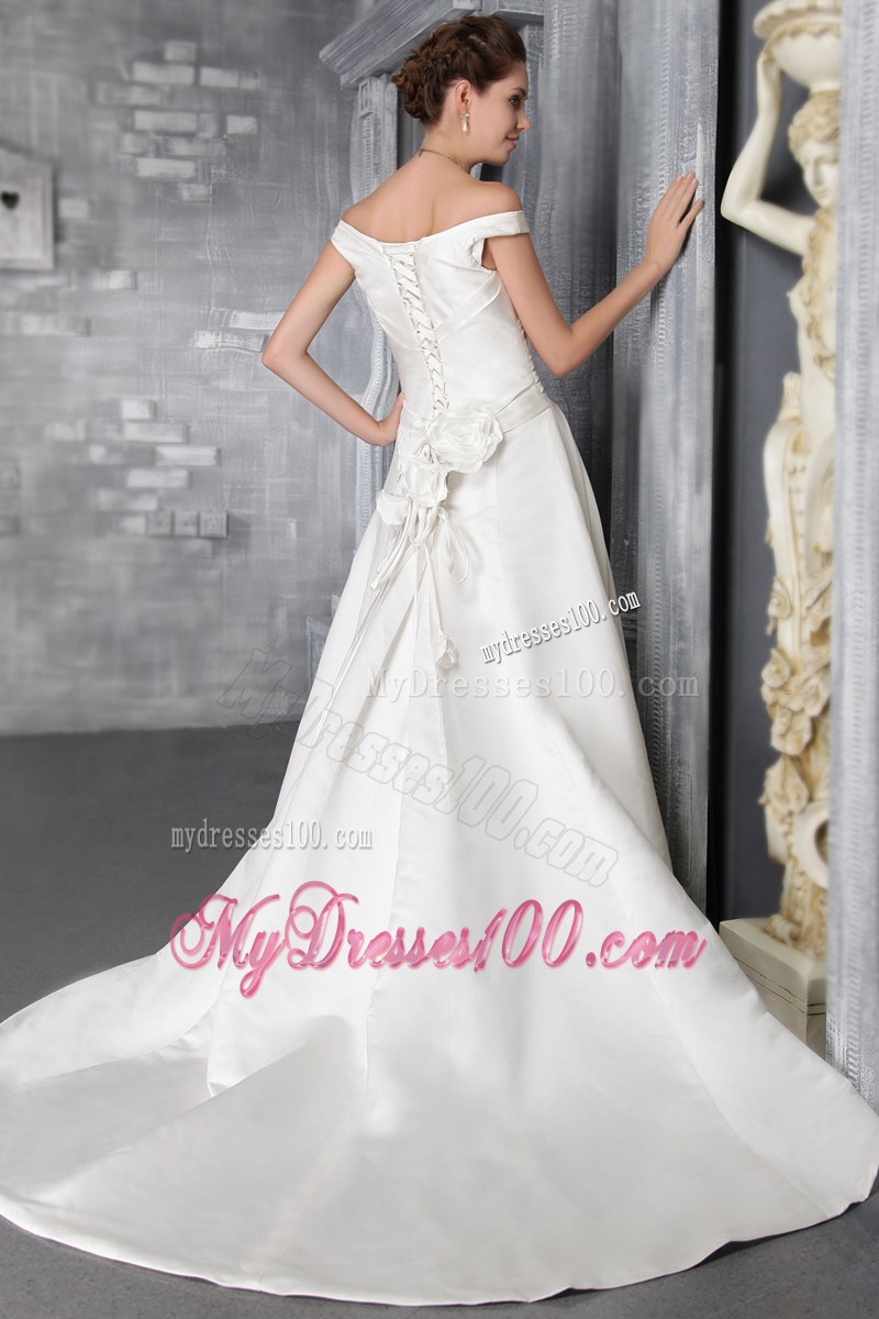 Off-the-shoulder Ruche White Wedding Gown with Handmade Flowers on Back