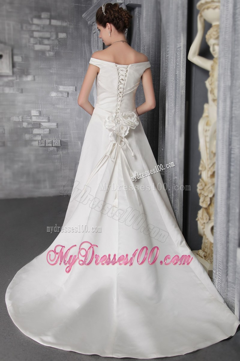 Off-the-shoulder Ruche White Wedding Gown with Handmade Flowers on Back